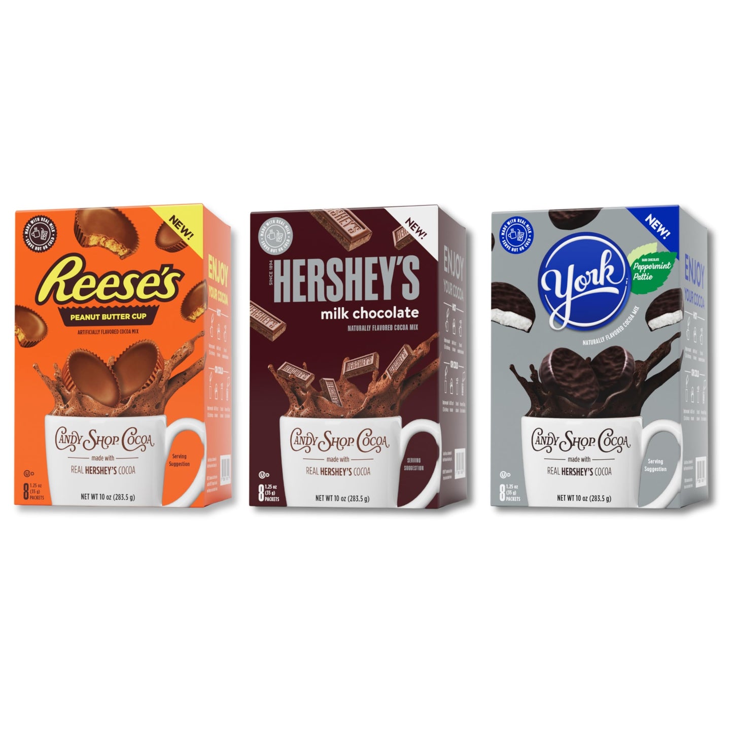 Candy Shop Cocoa Mix Variety Pack, Hot Chocolate, HERSHEY'S Milk Chocolate, REESE’S Peanut Butter Cup, YORK Peppermint Pattie, Make Hot or Iced, Made With Real Milk, 8 Packets Each (Pack of 24)
