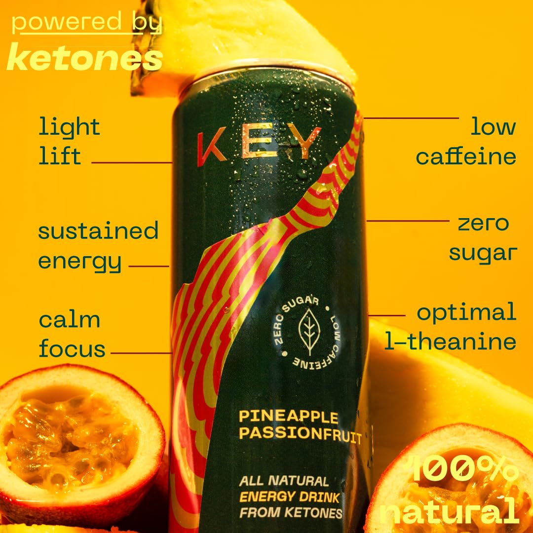 KEY Ketone Drink - Ketones for Energy & Focus, Sugar Free & Low Caffeine from Green Tea with L-Theanine, No Crash or Jitters, All Natural, Lightly Carbonated, Pineapple Passionfruit (Pack of 12)