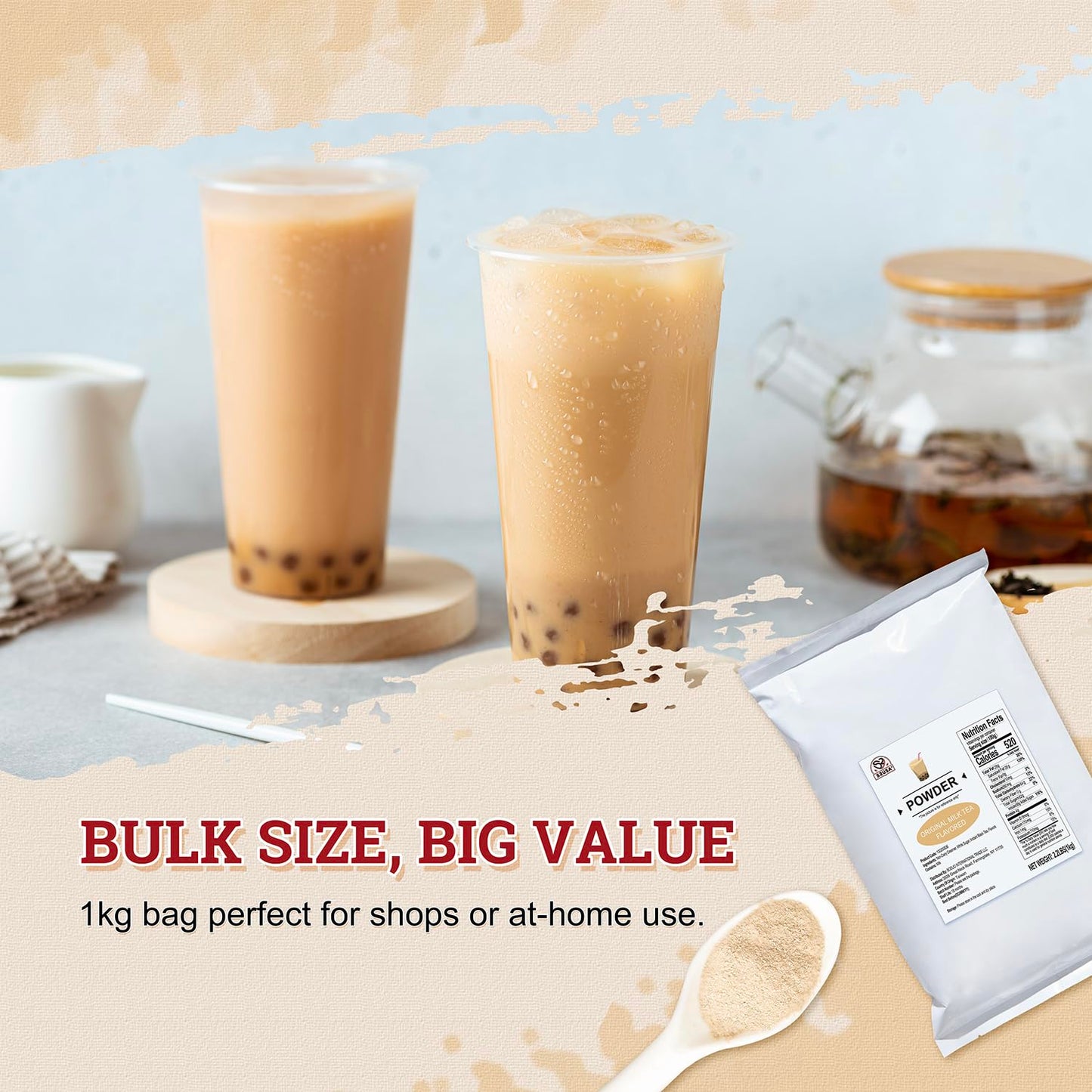52USA Milk Tea Flavored Powder (3-in-1) 1kg – Instant Pre-Mixed Beverage Powder with Cream, Sugar & Milk Tea Flavor for Hot or Cold Drinks & Frappes