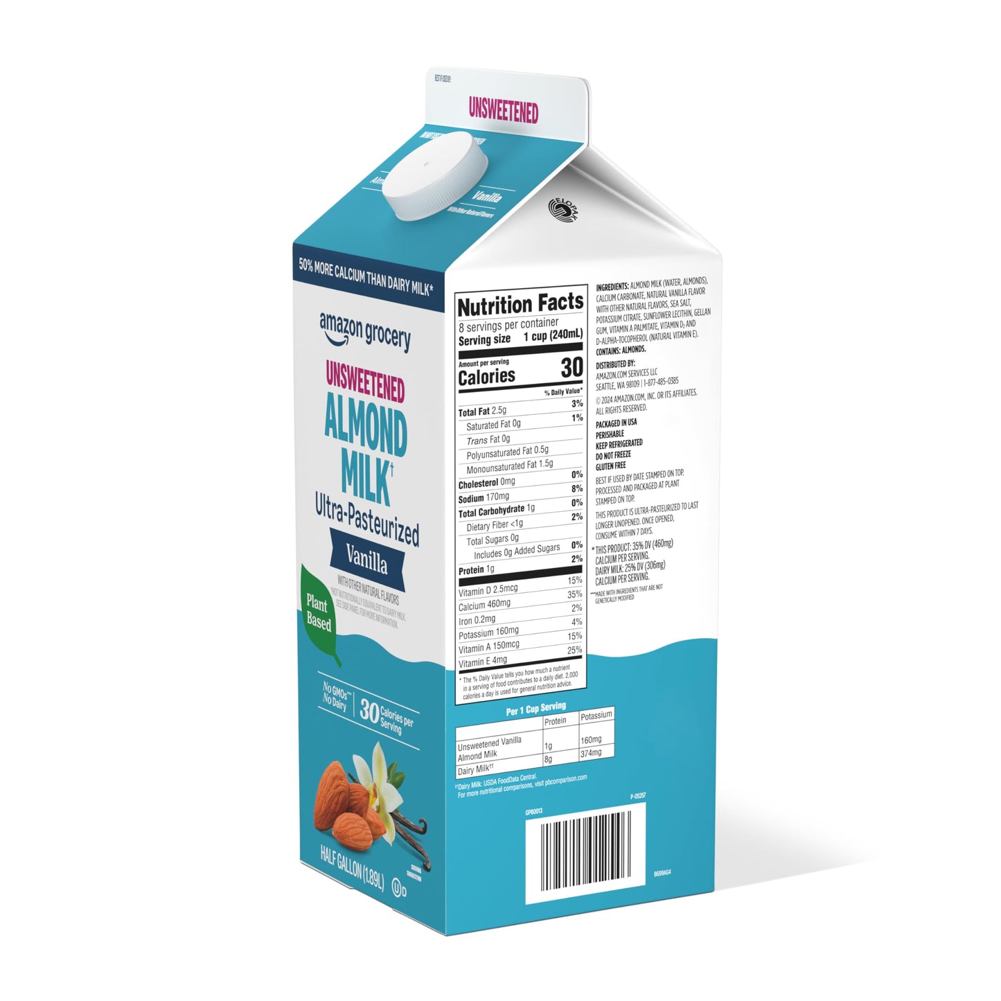 Amazon Grocery, Vanilla Unsweetened Almond Milk, 64 fl oz (Previously Amazon Fresh, Packaging May Vary)