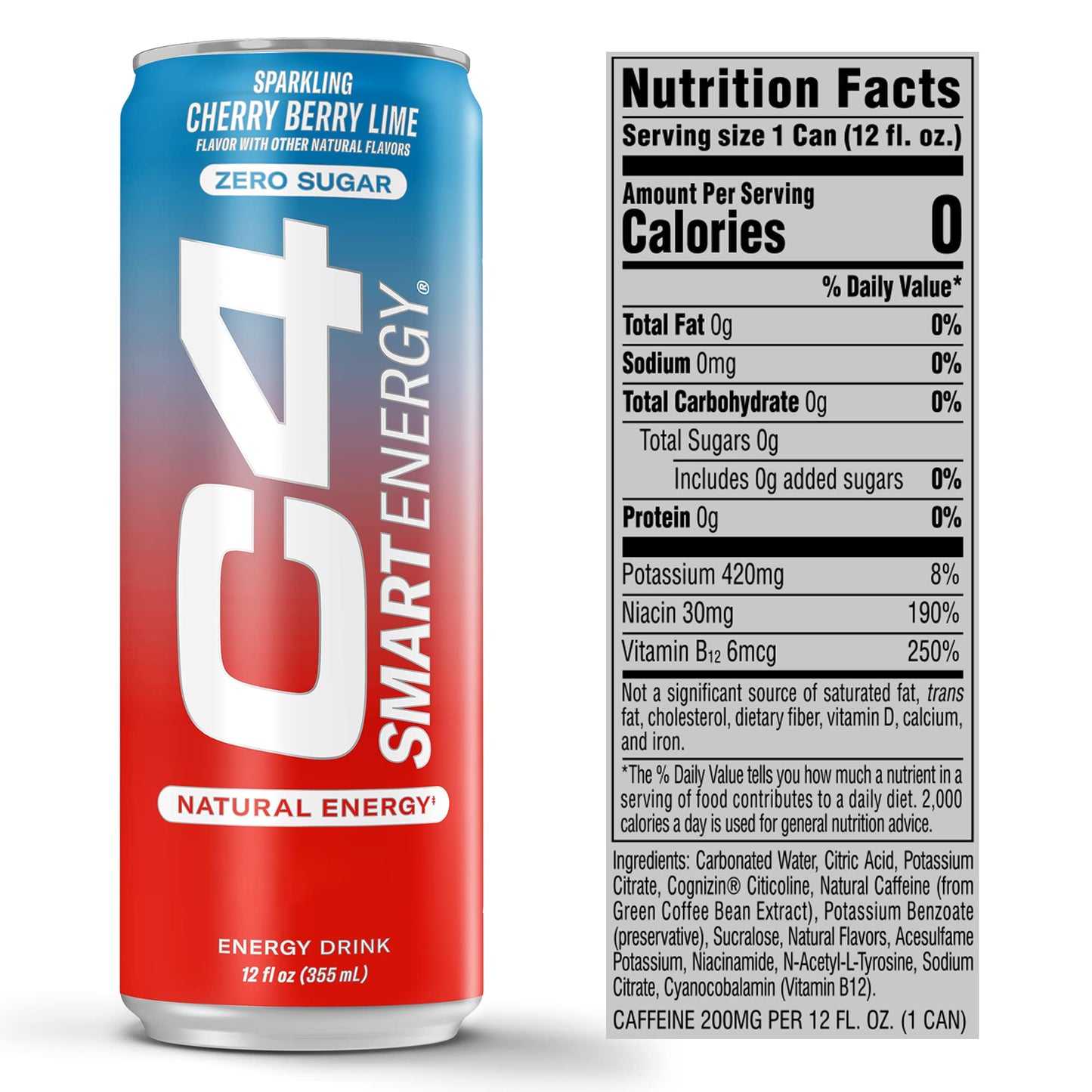 Cellucor C4 Smart Energy Drink - Sugar Free Performance Fuel & Nootropic Brain Booster, Coffee Substitute or Alternative | Cherry Berry Lime 12 Oz - 12 Pack