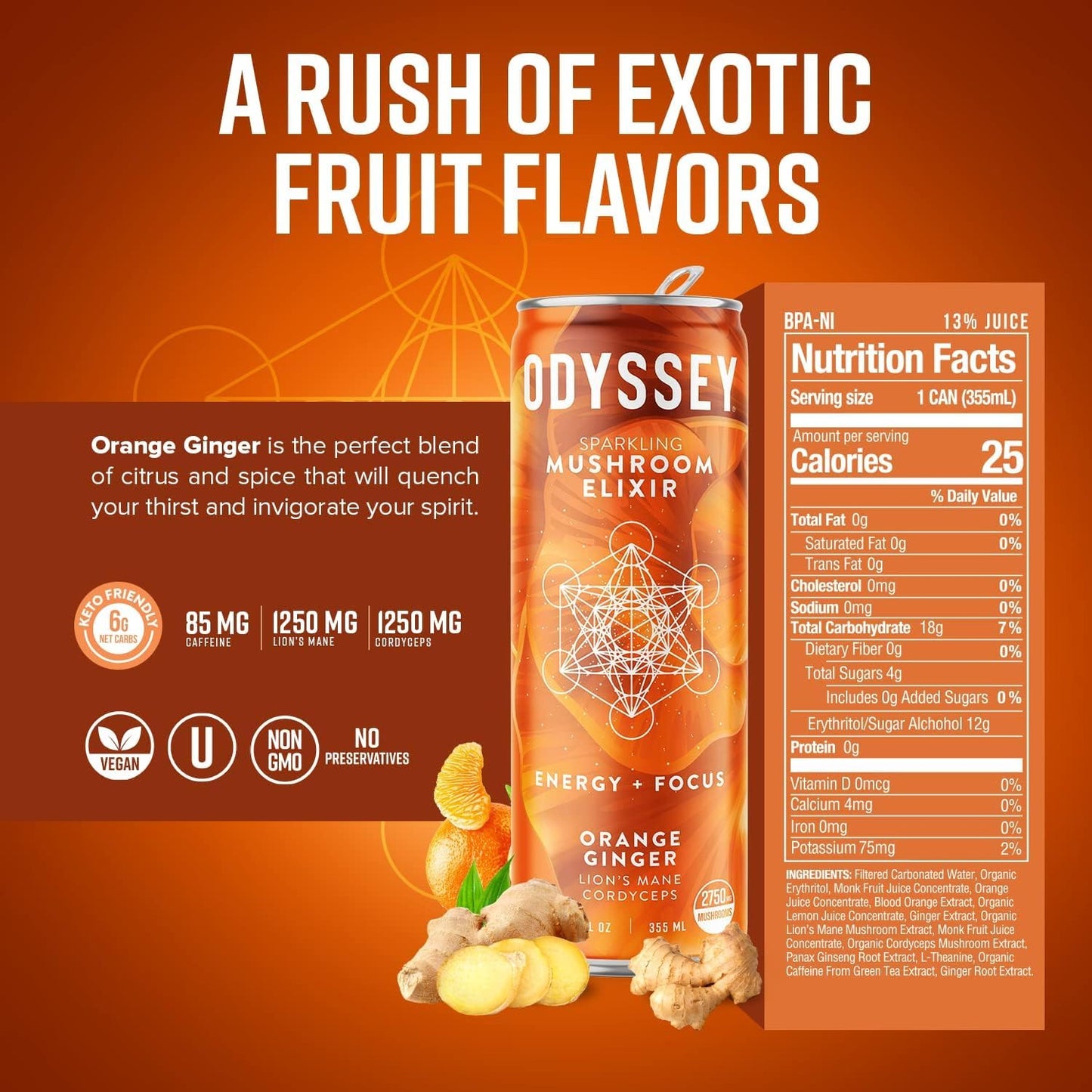 Odyssey Elixir Sparkling Adaptogen Drink, Low Calorie Drinks with L Theanine, Lions Mane, Cordyceps and Green Tea Caffeine for Energy and Focus, Non-GMO, Vegan,12 Fl oz, 4 Pack (Orange Ginger)