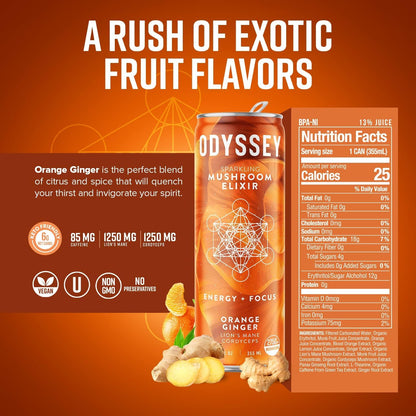 Odyssey Elixir Sparkling Adaptogen Drink, Low Calorie Drinks with L Theanine, Lions Mane, Cordyceps and Green Tea Caffeine for Energy and Focus, Non-GMO, Vegan,12 Fl oz, 4 Pack (Orange Ginger)