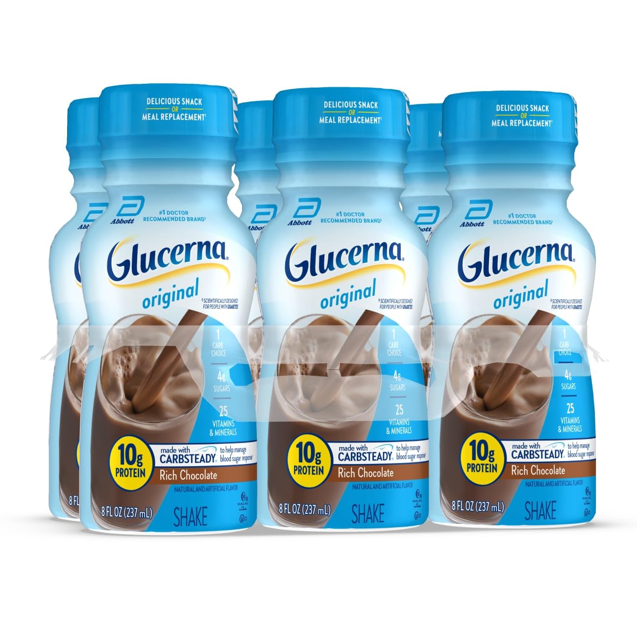Glucerna Original Diabetes Care Shake, Rich Chocolate, Diabetic Meal Replacement to Support Blood Sugar Management, 10g Protein, 180 Calories, Ready to Drink, 8-fl-oz Bottle, 6 Pack