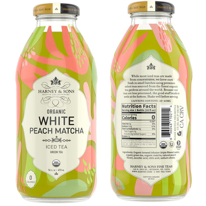Harney & Sons White Peach Matcha Iced Tea, 16 fl oz Bottles (Pack of 12), Sugar-Free Brewed Green Tea with Matcha, Ready-to-Drink