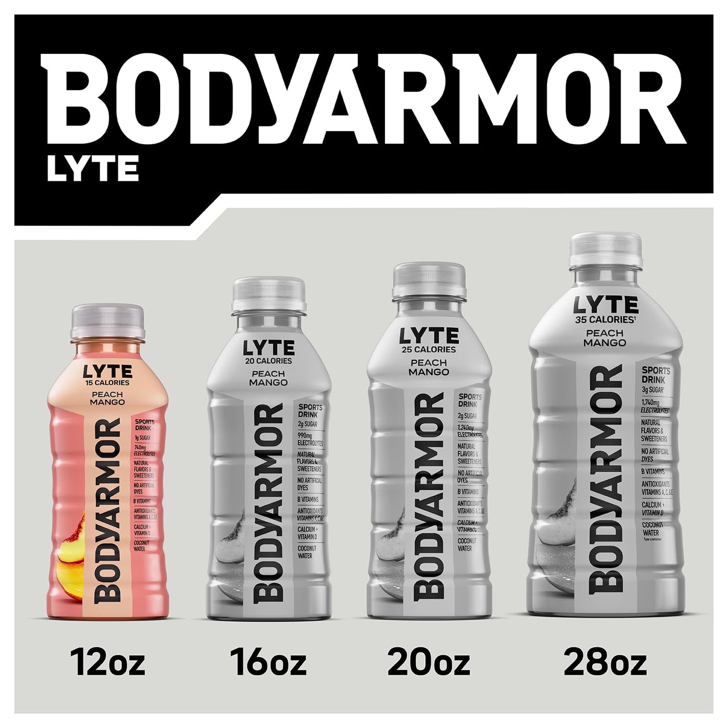 BODYARMOR LYTE, Peach Mango, Electrolyte Drink, 15 Calories, 12 Fl Oz Bottles (8 Pack), Coconut Water Sports Drink, Natural Flavor & B Vitamins