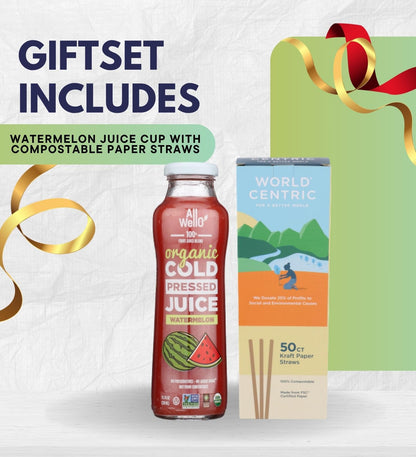Juice CP Watermelon 11.1floz Bundle with 50pc Paper Straws — Refreshing Watermelon Juice with Convenient Sipping Straws for On-the-Go Hydration — Gift Set (2 Items)