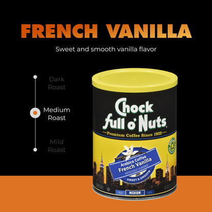 Chock Full o' Nuts French Vanilla Ground Coffee – Premium Beans in Recyclable Steel Can – Rich Flavor & Aroma, Medium Roast – Perfect for Drip, Pour-Over, Percolator – 10.2 Oz Can