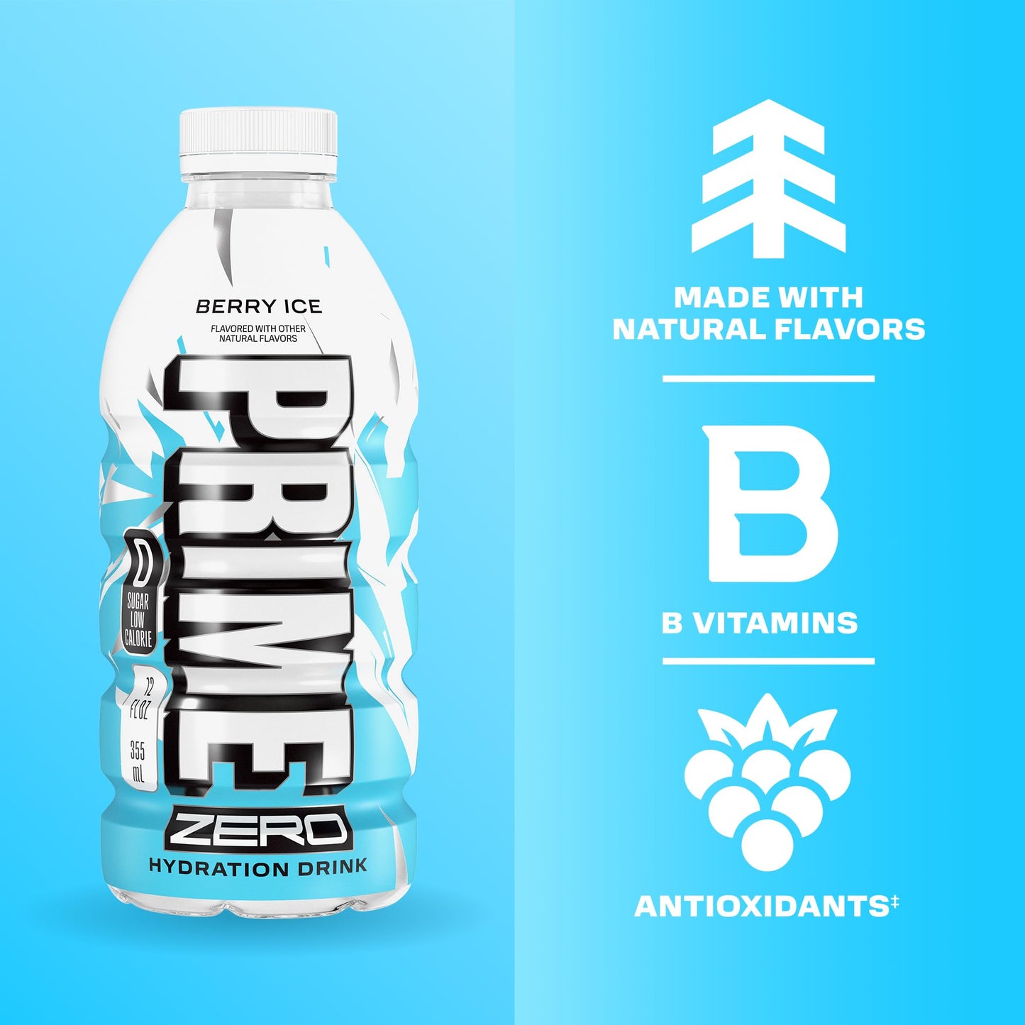 PRIME ZERO Variety Berry Ice, Cherry Ice, & Orange Ice Sugar Free Sports Drinks, Electrolyte Enhanced to Replenish Fluids, B Vitamins, Antioxidants, Low Calorie, Natural Flavors, 12 Fl Oz, 15 Pack