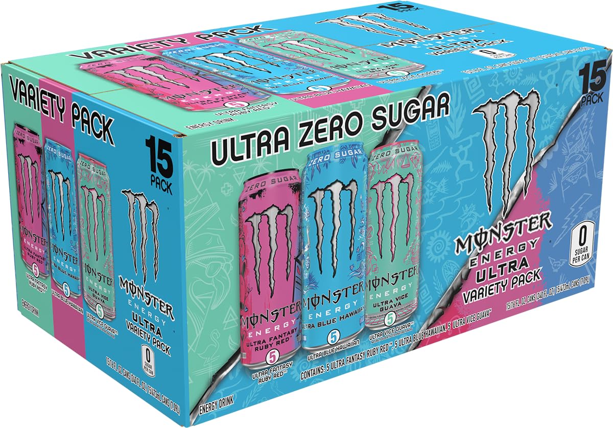 Monster Energy Ultra Variety Pack, Blue Hawaiian, Ultra Vice Guava, Ultra Fantasy Ruby Red, Sugar Free Energy Drink, 16 Ounce (Pack of 15)
