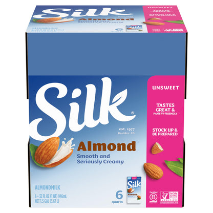 Silk Shelf-Stable Almond Milk, Unsweetened, Dairy-Free, Vegan, Non-GMO Project Verified, 1 Quart (Pack of 6)