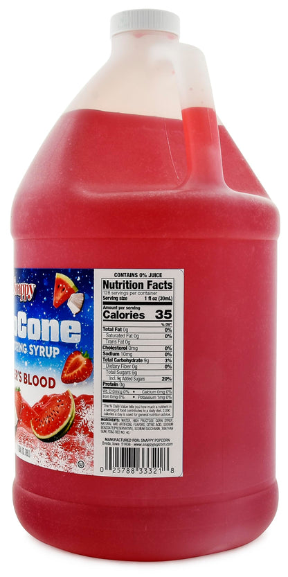 Snappy Tigers Blood Sno Cone Syrup, 1 Gallon (128 ounces) Size, Ready to Use For Snow Cone Machines, Flavored Syrup for Shaved Ice, 14 Snow Cone Flavor Options