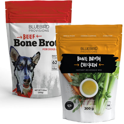 Bluebird Provisions Bone Broth Trial Pack (2 Pouches), Human Chicken Bone Broth and Beef Bone Broth for Dogs and Cats, 12g of Collagen Protein per Serving