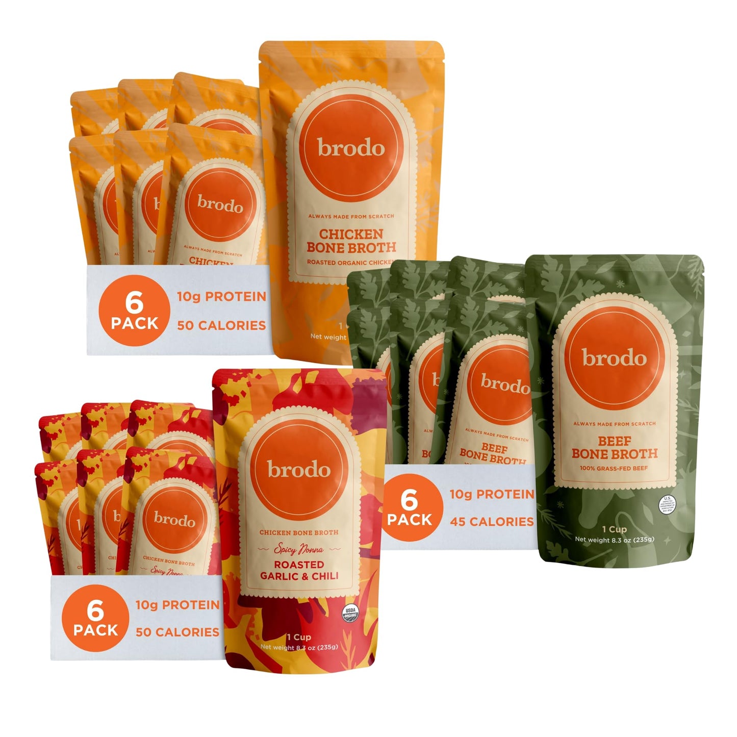 Brodo Beef, Chicken & Spicy Nonna Broth Bundle, 6 Cups Each (18 Cups Total)
