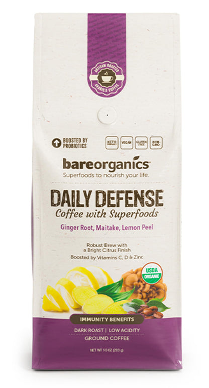 Daily Defense Organic Ground Bagged Coffee – Coffee with Maitake, Ginger Root, Lemon Peel & Superfoods – Healthy Mold Free Probiotic beverage, Vegan, Gluten Free - 10 oz