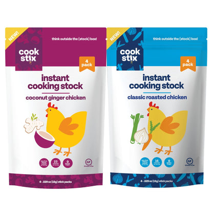 Cookstix Duo Pack – Classic & Coconut Ginger Chicken Stock Sticks – Clean-Label Instant Broth (2 x 4 Packs)
