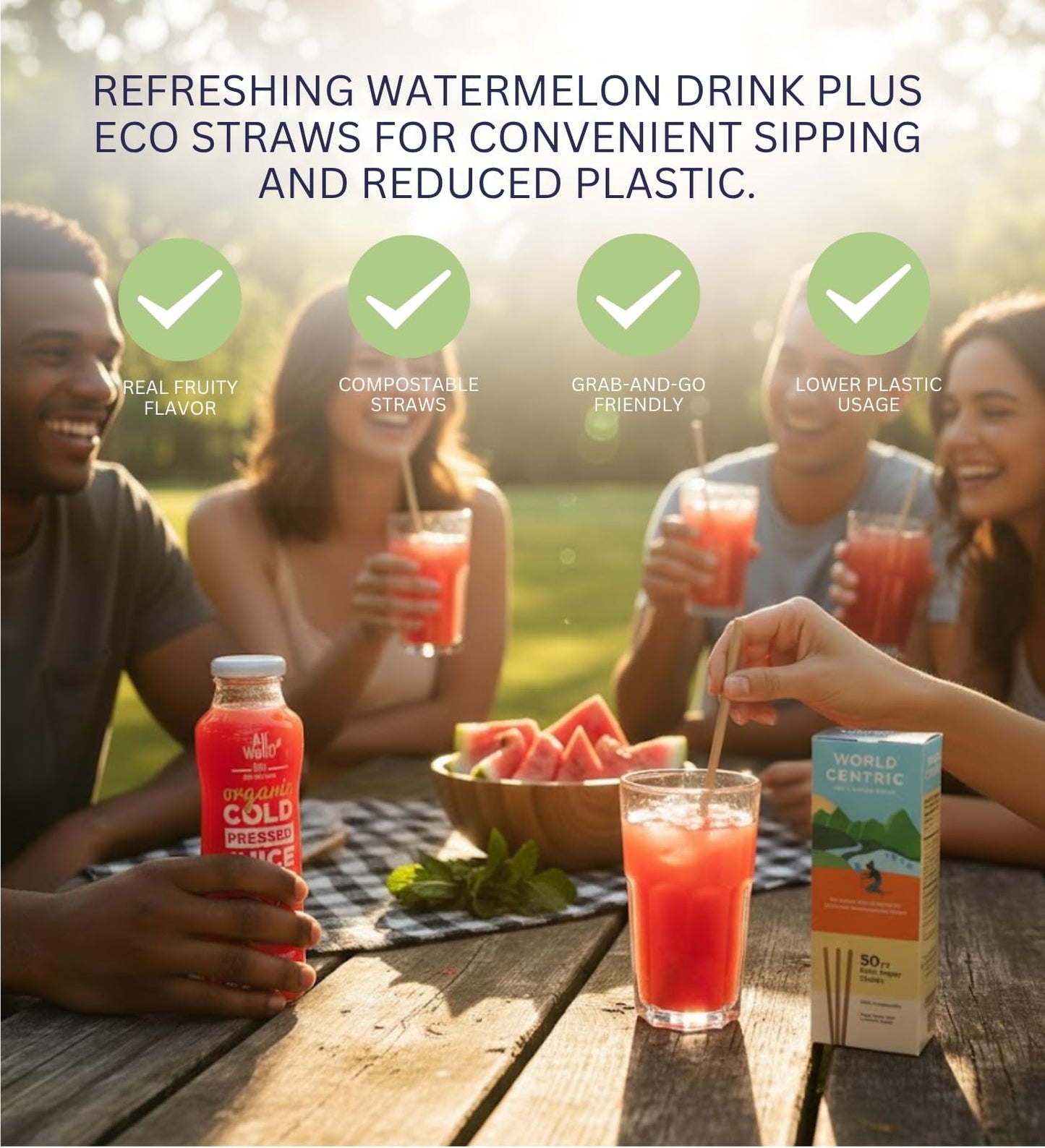 Juice CP Watermelon 11.1floz Bundle with 50pc Paper Straws — Refreshing Watermelon Juice with Convenient Sipping Straws for On-the-Go Hydration — Gift Set (2 Items)
