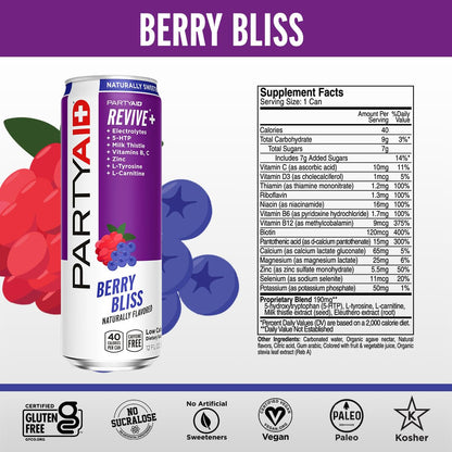 PARTYAID Rehab Blend, Feel Good Tonight and Tomorrow, Contains 5-HTP, B-Complex, Milk Thistle, Electrolytes, No Artificial Flavors or Sweeteners, Caffeine-Free, 12 Fl Oz (Pack of 4)