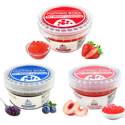 Soeos Popping Boba, 1.2 lbs, 550g (Strawberry, Blueberry & Peach) Pack of 3 – Bursting Fruit Flavor Pearls for Drinks, Desserts & Toppings