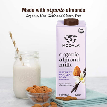 Mooala Organic Vanilla Bean Almond Milk Unsweetened 32 fl oz (Pack of 6) – Shelf-Stable, Lactose Free, Gluten-Free, Vegan, No Added Sugar, Plant-Based Beverage