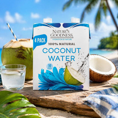 Nature's Goodness Coconut Water No Sugar Added - Unsweetened, Fat Free, Plant-Based Electrolyte Drink - 4 Pack 44.8 Fl Oz Total (4 x 330 ml) - Hydration Support for Fitness & Smoothies - Made Not From Concentrate