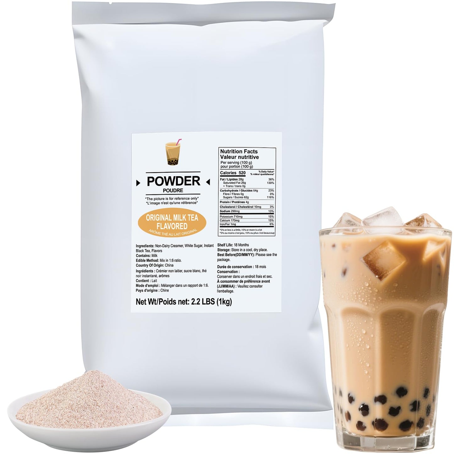 Soeos Milk Tea Flavored Powder (3-in-1), 2.2 lbs (1kg) – Instant Bubble Tea Mix with Creamer & Sugar, Easy to Prepare, Perfect for Boba Drinks & Desserts