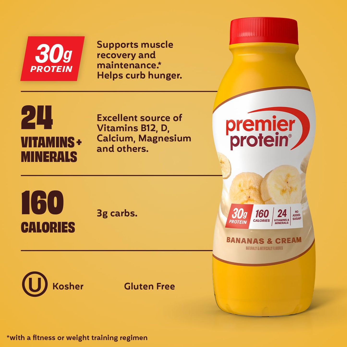 Premier Protein Shake, Bananas & Cream, 30g Protein, No Added Sugar, 24 Vitamins & Minerals to Support Immune Health, 11.5 fl oz, 12 Pack