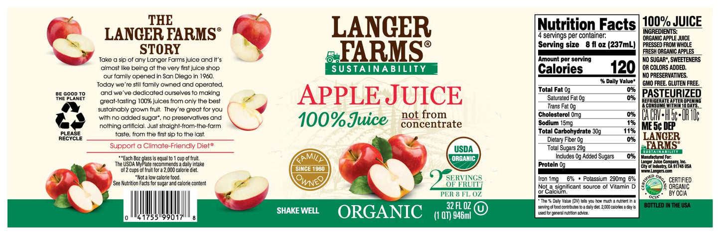 Langer Farms Organic Apple Juice, Not from Concentrate, 100% Juice, 32fl oz