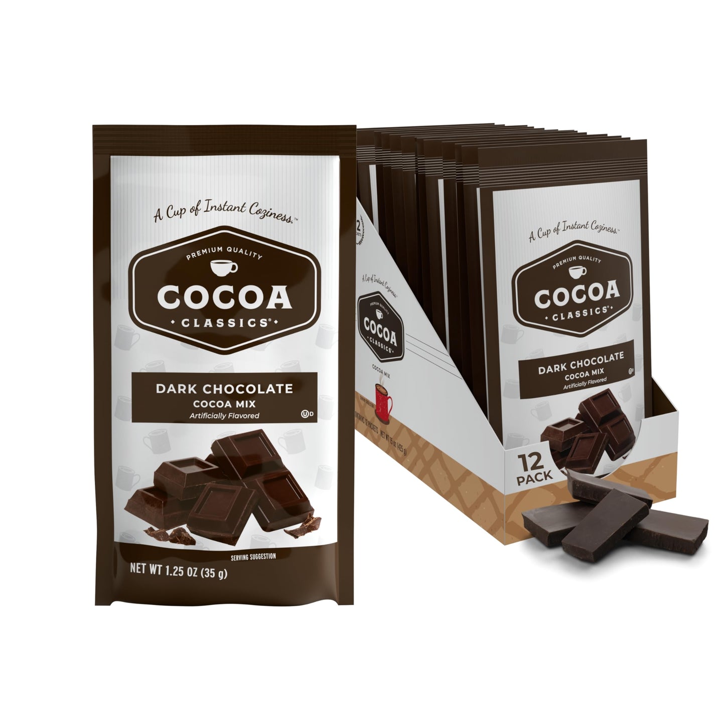 Cocoa Classics Dark Chocolate Cocoa Mix, Sweet, Smooth, Intense Dark Chocolate Flavored, Make Hot or Iced Cocoa, Gluten Free, Kosher Dairy Friendly, 1.25oz Packets (Pack of 12)