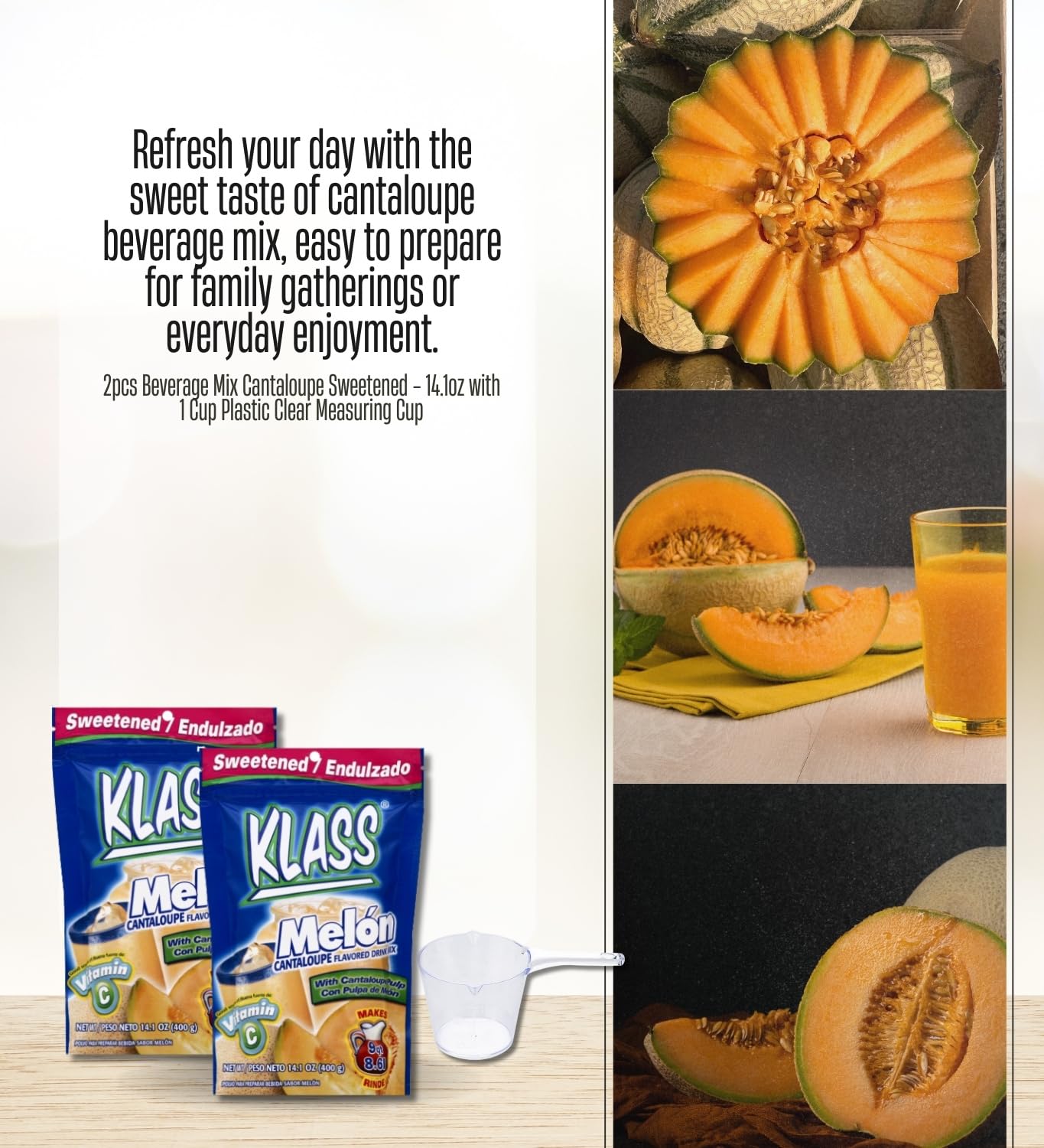 2x Klass Bev Mix Cantlp Swtnd, 14.1 OZ Bundle with Measuring Cup – Sweetened Drink Mix with Dextrose, Sugar, Artificial Flavors, and Dried Cantaloupe Pulp – Gift Set (3 Items)