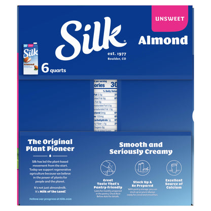 Silk Shelf-Stable Almond Milk, Unsweetened, Dairy-Free, Vegan, Non-GMO Project Verified, 1 Quart (Pack of 6)