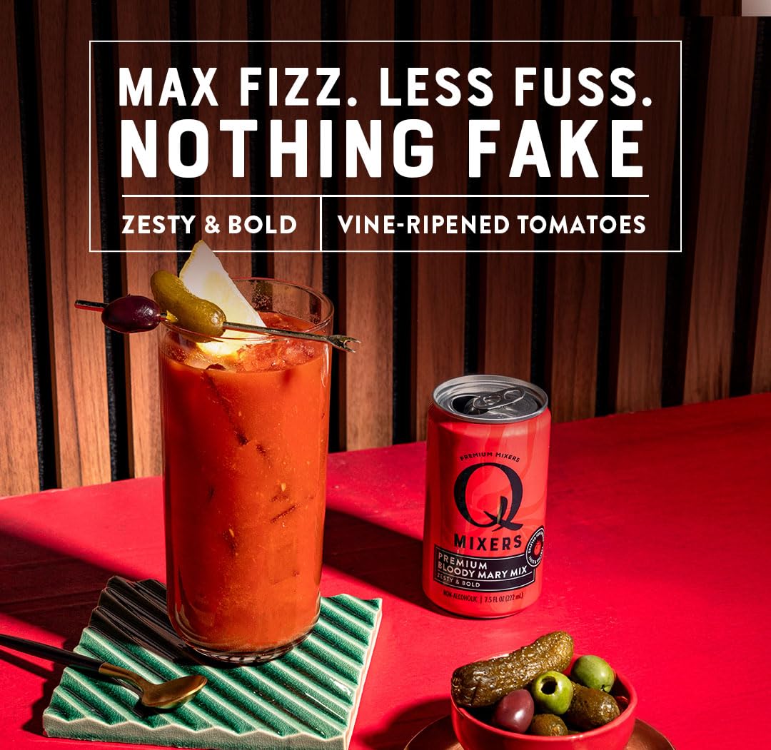 Q BLOODY MARY MIX, Real Vine-Ripened Tomatoes with 7 Herbs & Spices - Ideal for Cocktails & Mocktails - Made with Real Ingredients & Less Sweet - 30 Calories per Serving - 7.5 Fl oz Cans (Pack of 24)