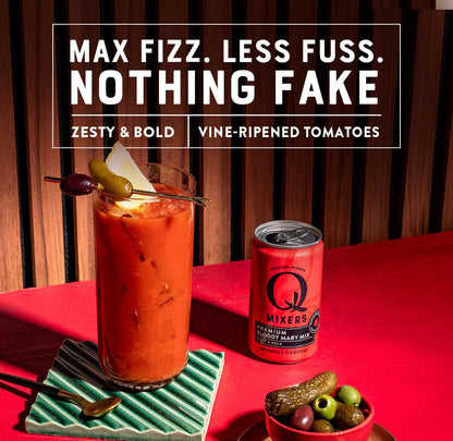 Q BLOODY MARY MIX, Real Vine-Ripened Tomatoes with 7 Herbs & Spices - Ideal for Cocktails & Mocktails - Made with Real Ingredients & Less Sweet - 30 Calories per Serving - 7.5 Fl oz Cans (Pack of 24)