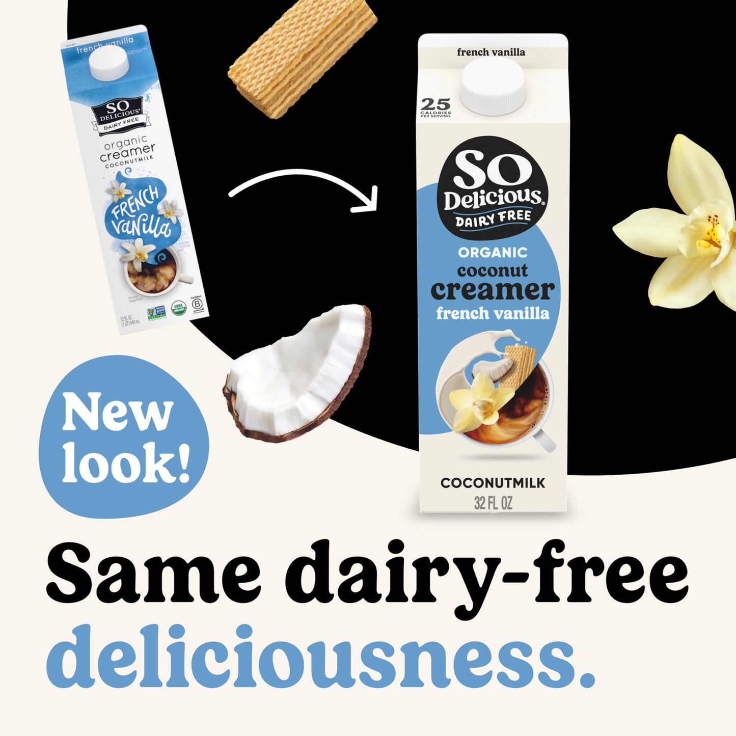 So Delicious Dairy Free Coconut Milk Creamer, French Vanilla, Vegan, Organic, Non-GMO, Creamy Plant Based Coffee Creamer, 32 FL OZ Carton