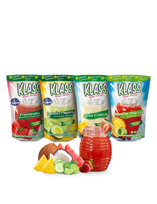 Klass Aguas Frescas Drink Mix Variety Pack - Pina Colada, Cucumber Limeade, Tropical Punch & Strawberry Watermelon - Powder Drink Mix, Water Drink Mix with Natural Flavors & Vitamin C, Makes 28 to 36 Quarts (56 to 72 Drinks)