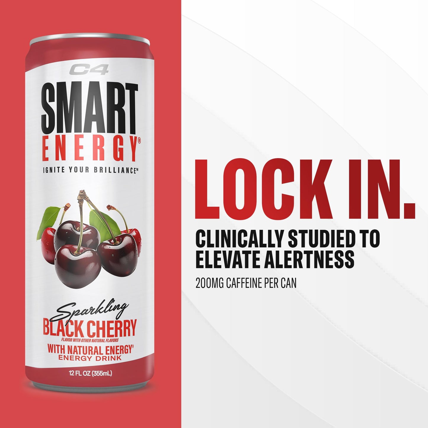 C4 Smart Energy Drink – Boost Focus and Energy with Zero Sugar, Natural Energy, and Nootropics - 200mg Caffeine - Black Cherry (12oz Pack of 12)
