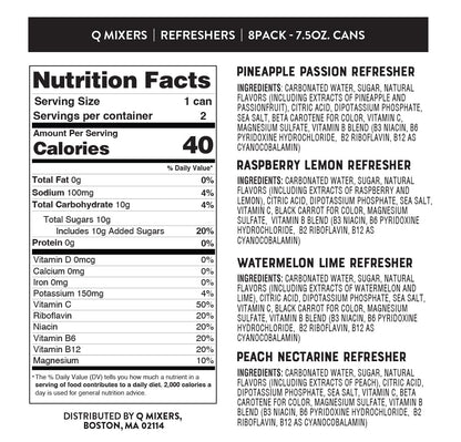 Q MIXERS Refreshers Sparkling Hydration Beverage Variety Pack (8PK) – 2 of Each Flavor: Pineapple Passion, Watermelon Lime, Raspberry Lemon & Peach Nectarine – Electrolytes + Vitamins, Mocktail & Cocktail Mixer - 7.5oz per Can