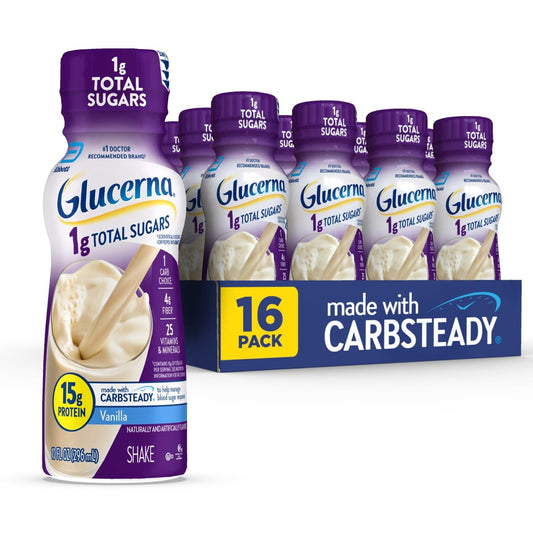 Glucerna 1g Total Sugars, Vanilla Diabetes Care Shake, Diabetic Drink to Support Blood Sugar Management, 15g Protein, 180 Calories, Ready to Drink, 10-fl-oz Bottle, 16 Pack