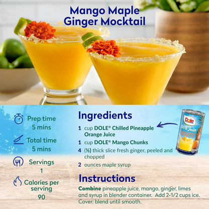 Dole 100% Pineapple Orange Juice, No Added Sugar, Excellent Source of Vitamin C, 100% Fruit Juice, 6 Fl Oz (Pack of 6), Packaging May Vary