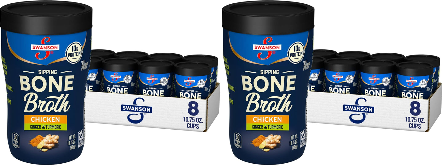 Swanson Sipping Chicken Bone Broth With Ginger and Turmeric, 10.75 oz Microwavable Cup (16 Pack)