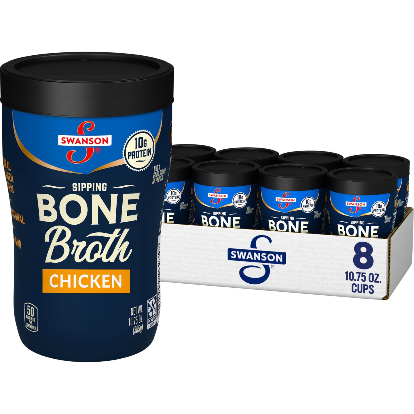 Swanson Sipping Chicken Bone Broth, 10.75 oz Microwavable Cup (8 Pack)