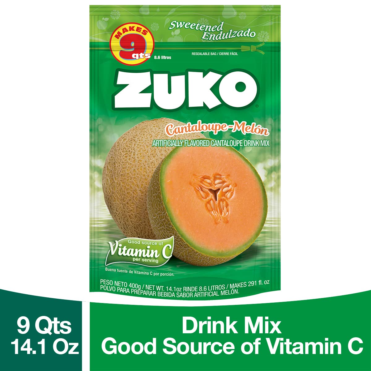 Zuko Cantaloupe Powdered Drink Mix Family Pack, No Added Sugar Needed, 14.1 oz (Pack of 6)