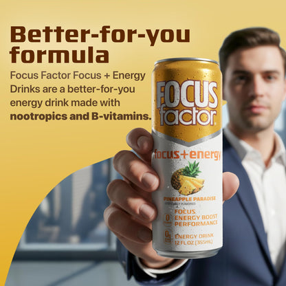 Focus Factor Energy Drink - 12 x 355ml Cans (Pineapple Paradise Flavor) - with Focus + Energy - Lightly Carbonated, Sugar Free, Low Calorie with Vitamin B6 & Vitamin B12