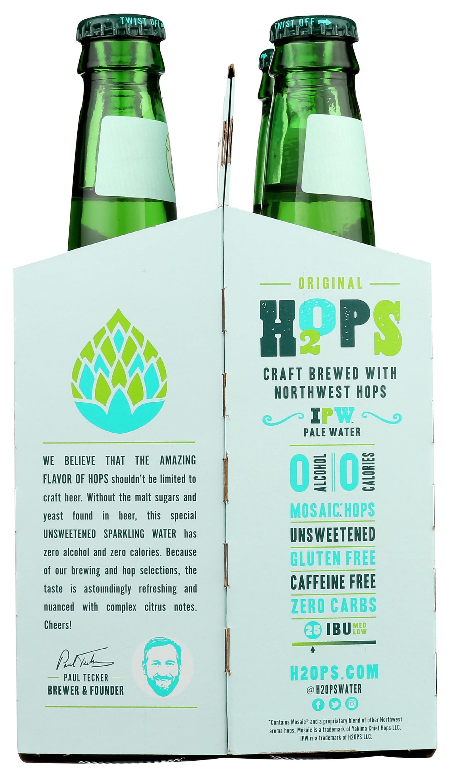 H2OPS Hop Water - Original (4 Bottle Pack) - Zero Calorie, NA Beer, Craft Brewed, Premium Organic Hops, Lightly Carbonated, Gluten Free, Unsweetened, Non-Alcoholic Drinks