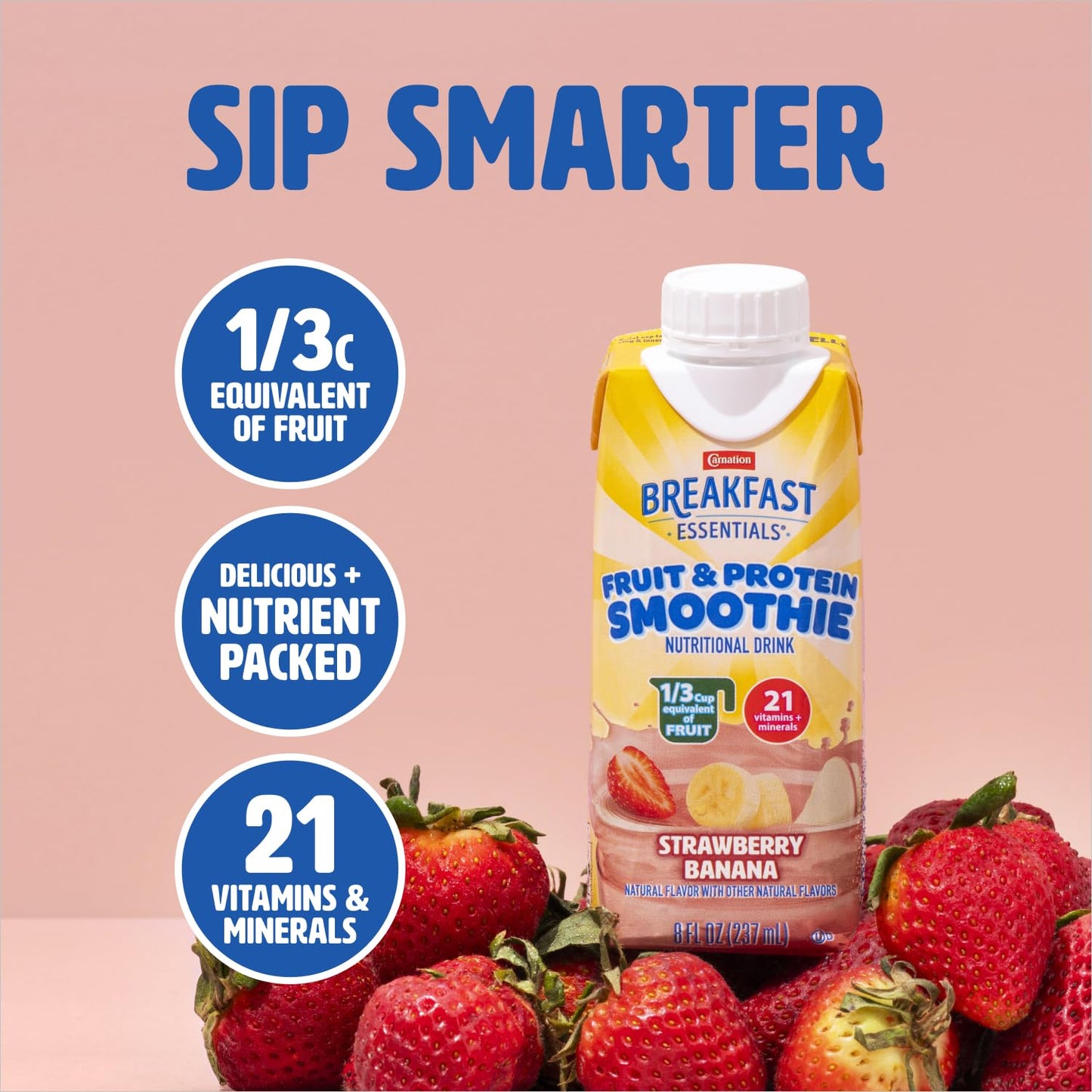 Carnation Breakfast Essentials Fruit and Protein Smoothie Nutritional Drink, Strawberry Banana, 24 – 8 fl oz Cartons