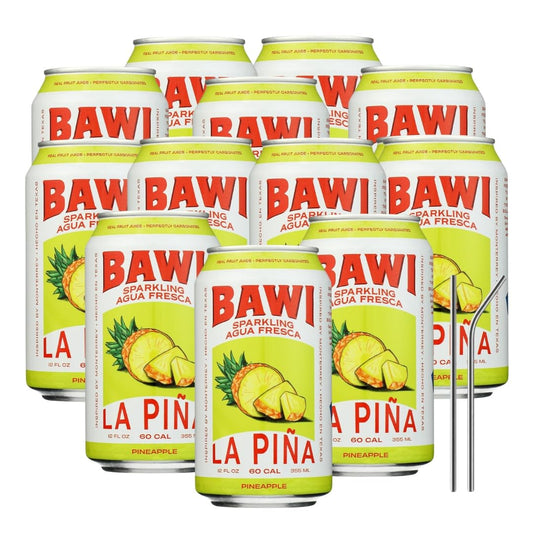 Bawi Agua Fresca Sparkling Pineapple Water – 12 Fl oz – 12 Pack Cans – Mexican Drinks Agua Fresca – Guayaba Inspired Flavor – Alternative to Mineragua Sparkling Water and Tepache Mexican Soda with Food Bag Clips