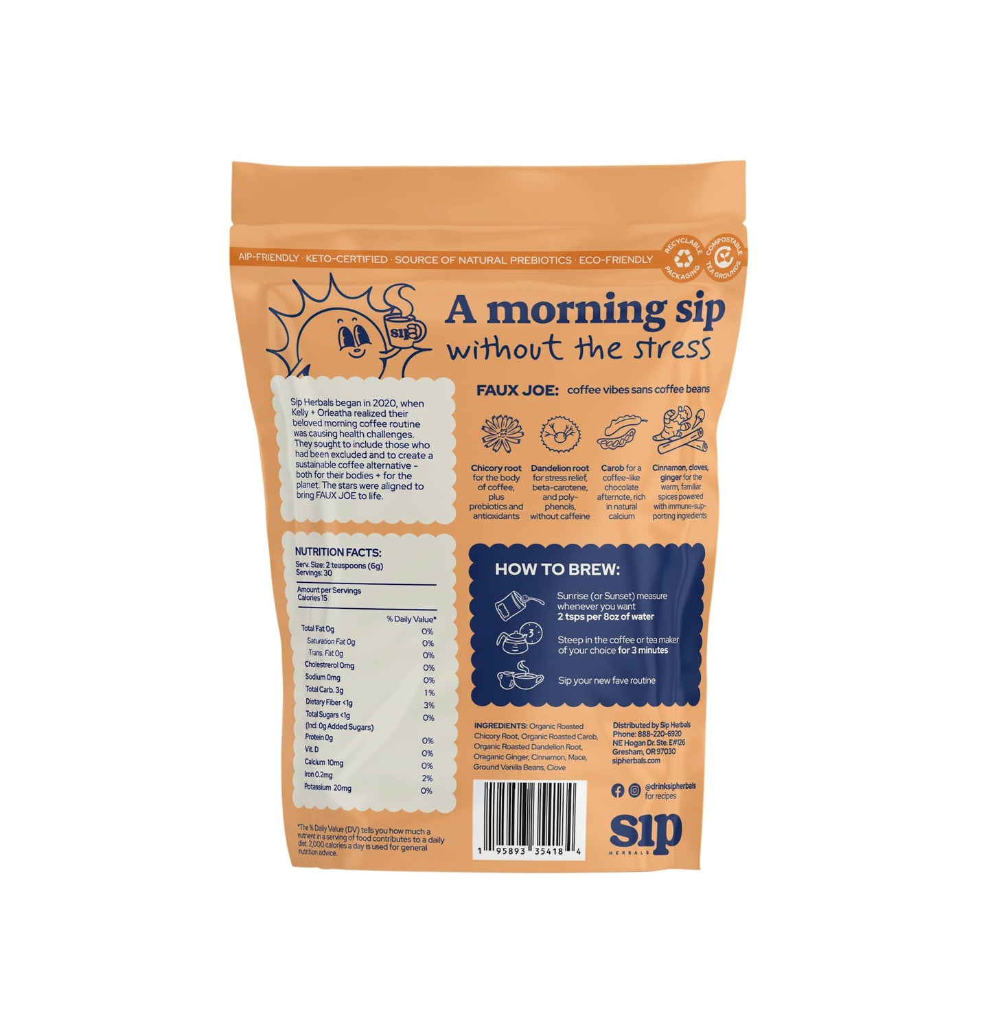 Sip Herbal Coffee Alternative Herbal Tea - Boost Energy & Focus - Caffeine Free Organic Coffee Substitute Made with Carob, Dandelion, Chicory - (Pumpkin Spice, 30 Servings)