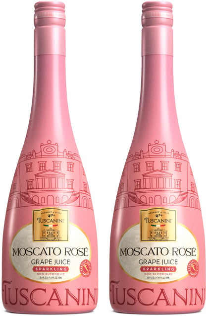 Tuscanini Italian Moscato Rose Sparkling Grape Juice, 25.3oz (2 Pack) | Non Alcoholic Sparkling Juice | Valentines Day Gift | Elegant Champagne Bottle | Imported from Italy | Great for Mocktails | Kosher