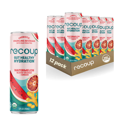 Recoup Organic Sparkling Prebiotic Drink - Ginger with Electrolytes for Gut Health Support & Hydration, No Added Sugar ((Pack of 12), Watermelon Blood Orange + Ginger)