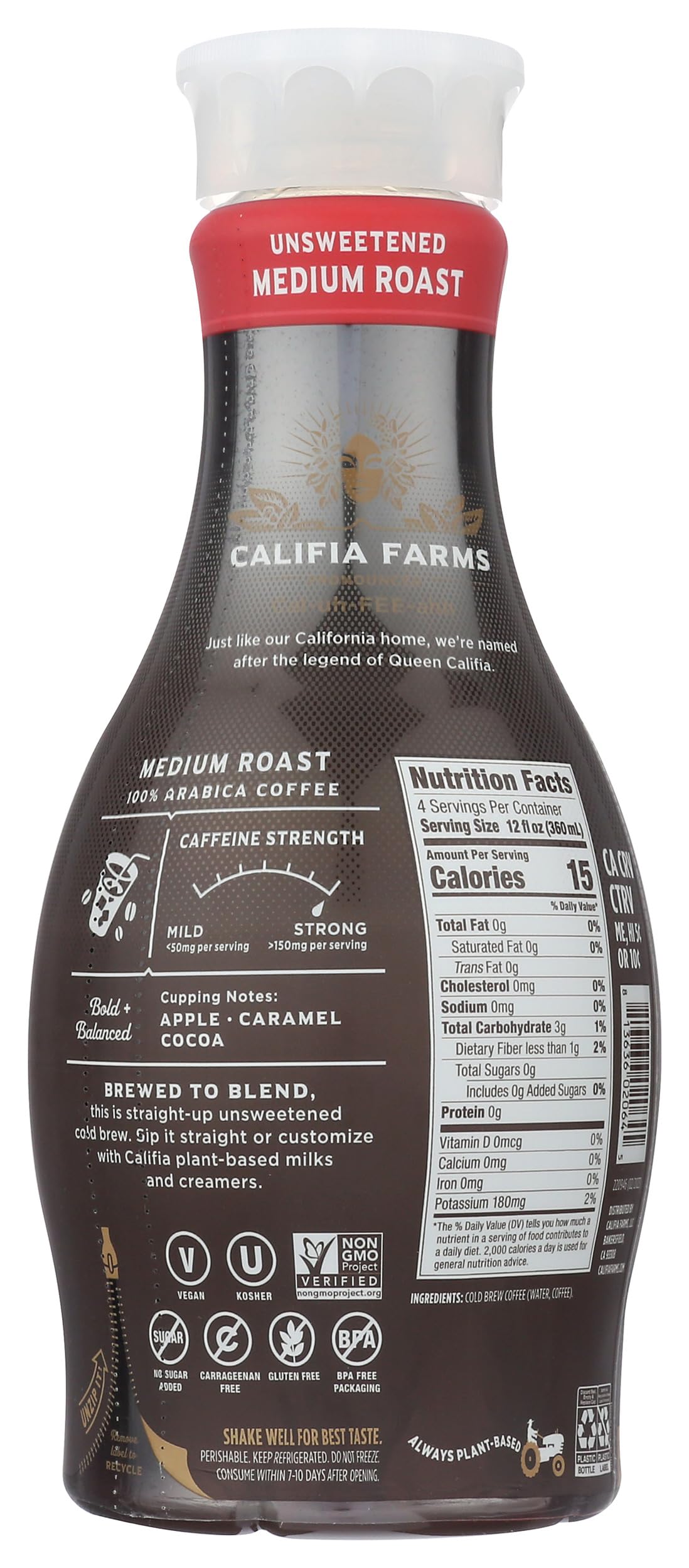 Califia Farms - Pure Black Medium Roast Cold Brew Coffee, 48 Oz, 100% Arabica, Plant Based, Vegan, Gluten Free, Non GMO, Sugar Free, Iced Coffee